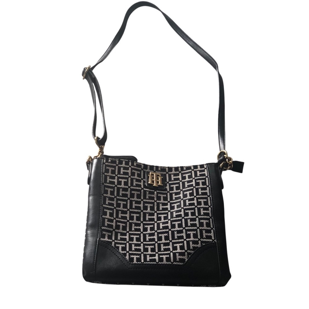 Tommy Hilfiger Black and Cream Crossbody Monogram Vegan Leather Purse Bag
